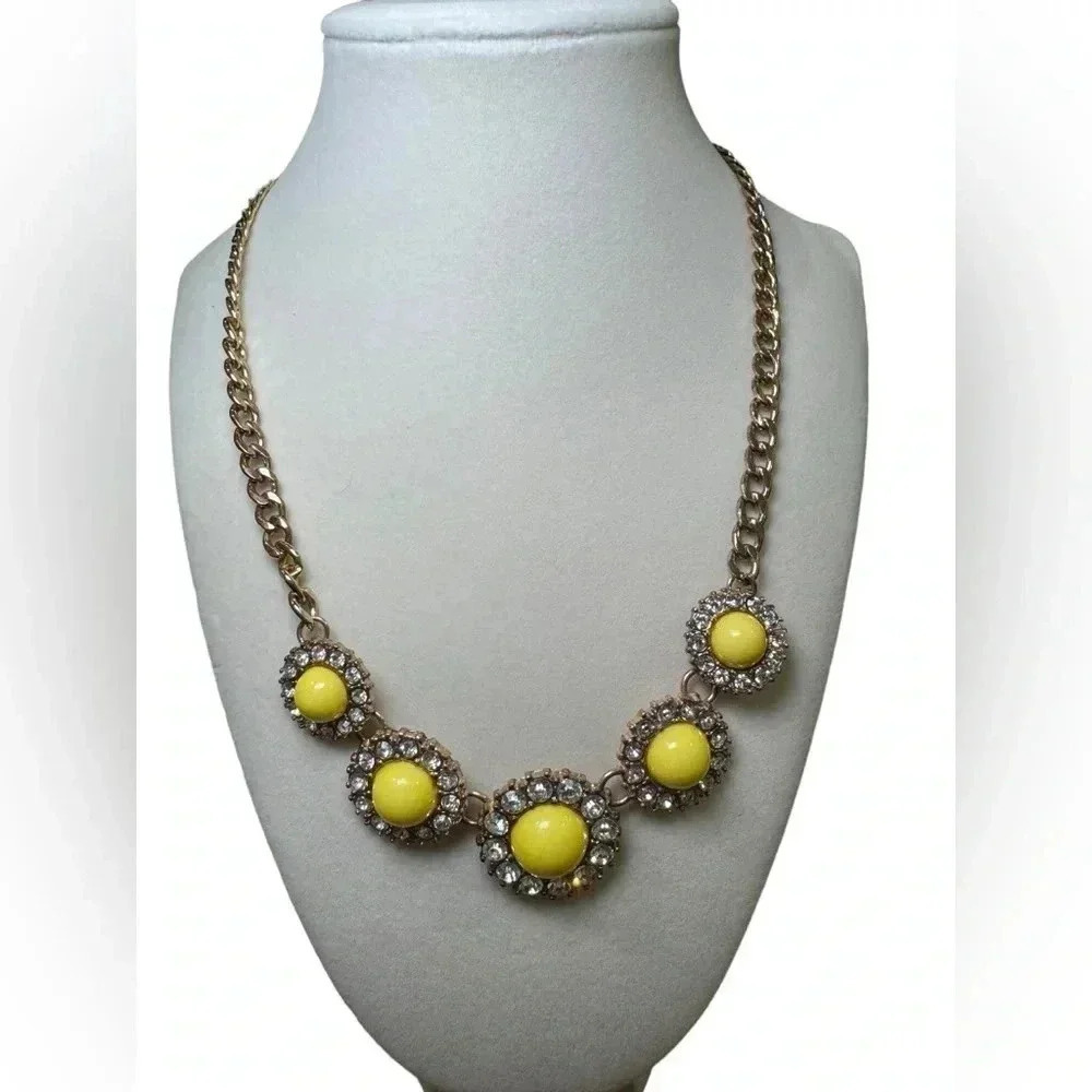9.5” Yellow Clear Rhinestones GoldTone Statement Necklace - Preppy Chic